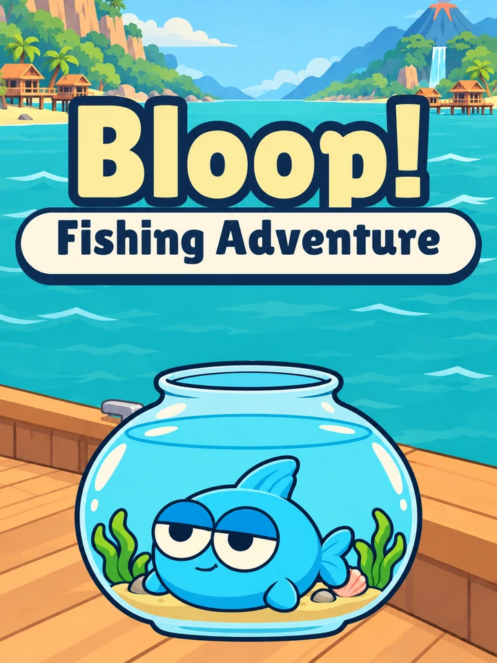 Bloop the fish in his bowl on a dock, with the title Bloop! Fishing Adventure